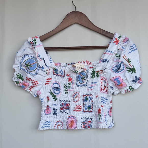 Monteau Italy Linen Blend Smocked Puff Sleeve Crop Top S - Picture 7 of 7